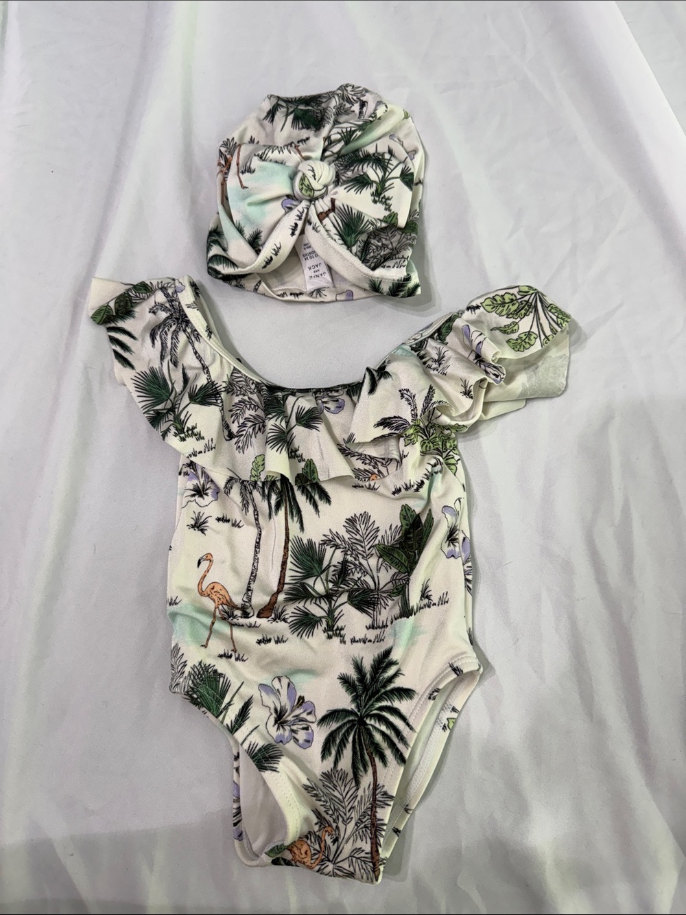Janie and Jack Tropical Cream Ruffle One-Piece with Knot Swim Cap